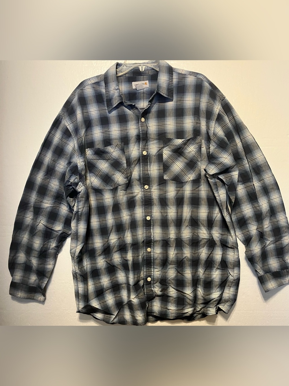 Carhartt Men's Blue and White Plaid Lightweight Long Sleeved Shirt  XL
